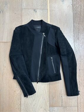 Theory Black Suede & Fabric Bomber Jacket
